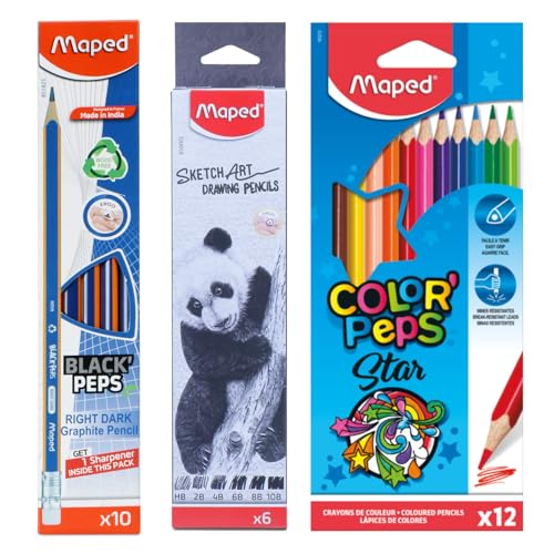 Maped 3 In 1 Art Supplies Kit | 28 Count Pencil Kit | Triangular Ergonomic Grip | Hb To 10B | Multicolor | Drawing, Sketching, Colouring & Writing | Kids & Teens
