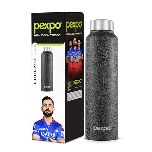 Pexpo Chromo Pro Isi Certified Stainless Steel Sports/Fridge Water Bottle – 750Ml| Rcb Edition | Single Wall | Leakproof | Lightweight | For Home, Office, Gym, School, Travelling – Black