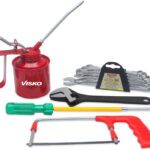 Visko 821 Hand Tools Combo With 6″Junior Hacksaw Frame, 1/2 Oil Can, 2 In 1 Long Handle Screwdriver, Phosphate Finish Single Sided Open End Wrench,Spanner Set, Combination Spanner Set Of 6 Pcs Combination Screwdriver Set(Pack Of 5)