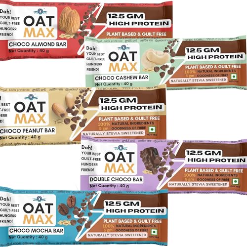 Oatmax Protein Oat Bar- Nutrition Assorted Bar- Pack Of 5 (40 Gm Each) 12.5 Gm High Protein, Fiber, Vitamins & Minerals, No Preservatives, 100% Veg, No Added Sugar, For Energy, Fitness (Assorted Pack)