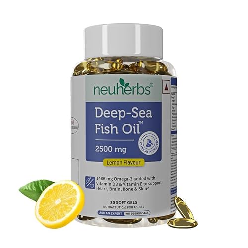 Neuherbs Deep Sea Omega 3 Fish Oil 30 Softgels, Omega 3 Supplement Triple Strength 2500 Mg For Muscle, Joints, Heart & Cognitive Support, No Fishy Burps With Lemon Flavour, 1 Count, 30 Capsules