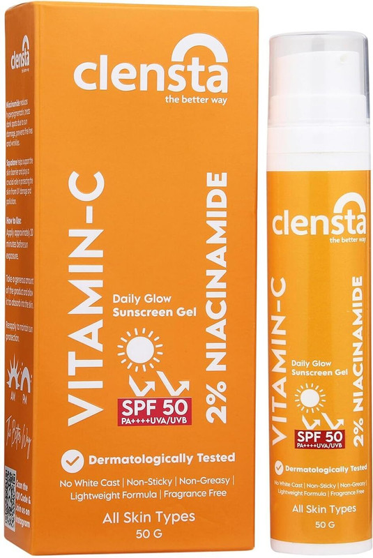 Clensta Sunscreen – Spf 50 Pa+++ Vitamin C Daily Glow Sunscreen Gel Uva/Uvb With Niacinamide For Reduces Tan(50 G)