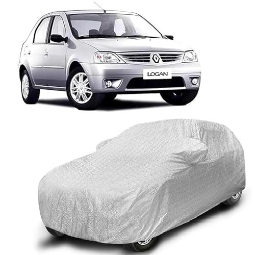 Sulfar 100% Waterproof Car Body Cover Compatible With Mirror For Renault Logan With Long Lasting Durable Material (Triple Stitched, Full Bottom Elastic, Metallic Silver)