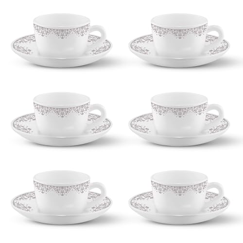 Larah By Borosil Lark Opalware Cup And Saucer Set Of 12 Pcs | Tea/Coffee Cups 145 Ml | Microwave & Dishwasher Safe | Bone-Ash Free | Crockery Set Ideal For Daily Use & Gifting, White