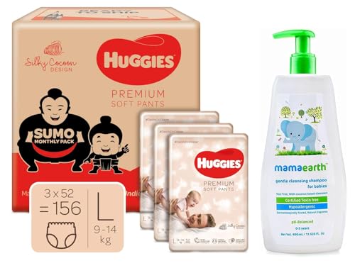 Huggies Premium Soft Pants Sumo Monthly Pack, Large Size Diaper Pants, 156 Count & Mamaearth Gentle Cleansing Natural Baby Shampoo, 400Ml (White)