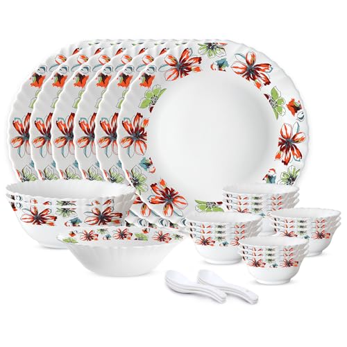 Larah By Borosil Silk Series Bali Opalware Dinner Set | 27 Pieces For Family Of 6 | Microwave & Dishwasher Safe | Bone-Ash Free | Crockery Set For Dining & Gifting | Plates & Bowls | Floral Pattern