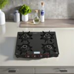 Cello Hexa Manual Ignition Black Aluminium Alloy Burner Toughened Glass Iron Manual Gas Stove(4 Burners)