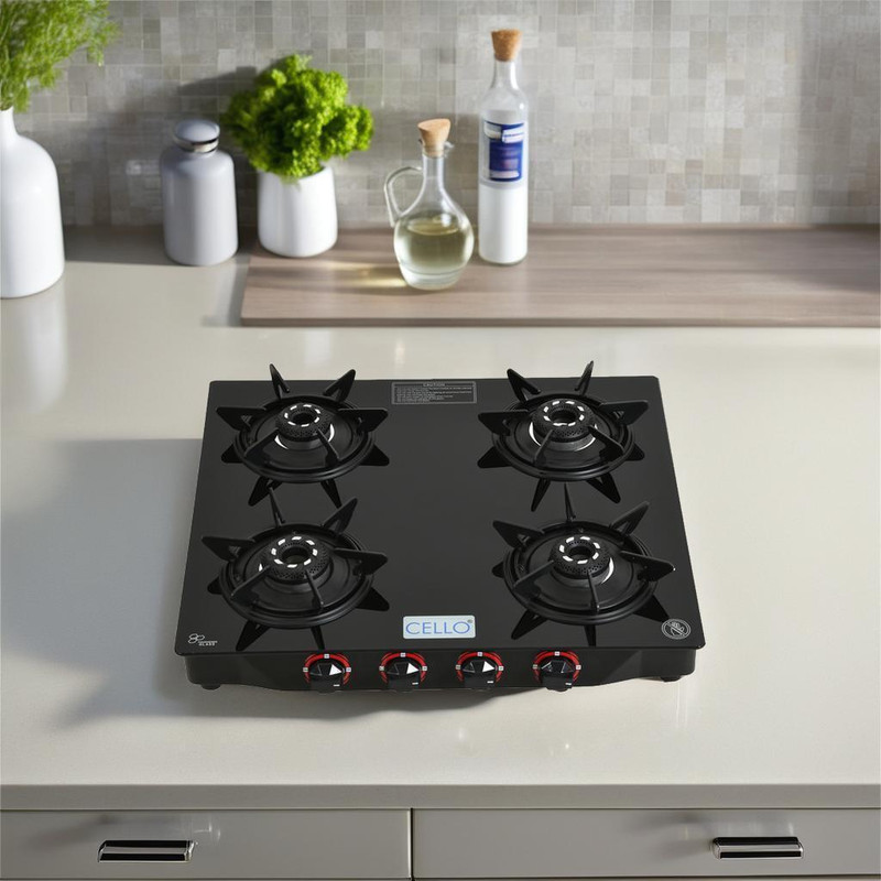Cello Hexa Manual Ignition Black Aluminium Alloy Burner Toughened Glass Iron Manual Gas Stove(4 Burners)