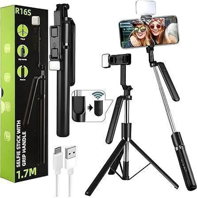 Sconzi R16S 360Â° Rotation Long Selfie Stick With Light Tripod, Monopod Kit, Tripod Kit(Black, Supports Up To 1400 G)