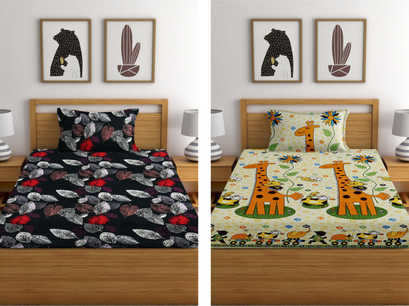 Vkom Cotton Single Fitted (Elastic) 200 Tc Printed Bedsheet(Pack Of 2, Black, Orange)