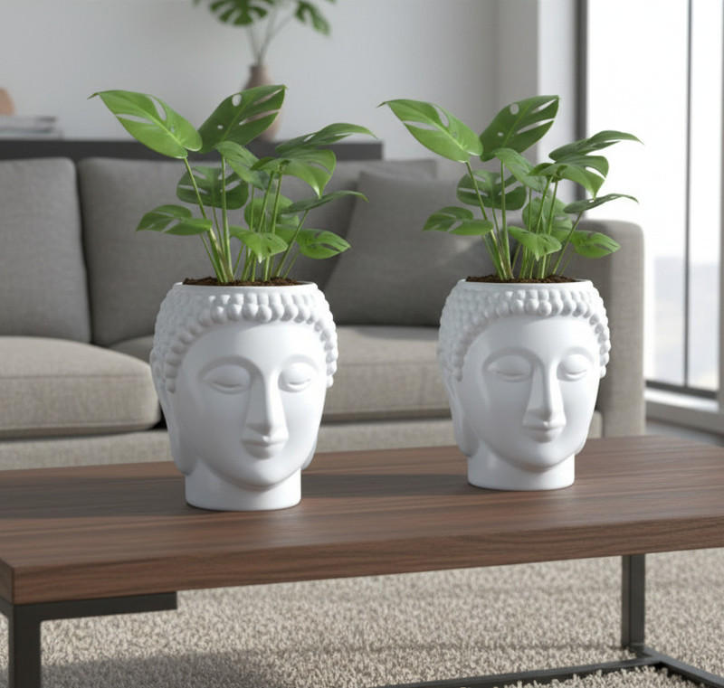 Grow Green Buddha White Flower Pot – Stylish Indoor & Outdoor Planters Plant Container Set(Pack Of 2, Plastic)