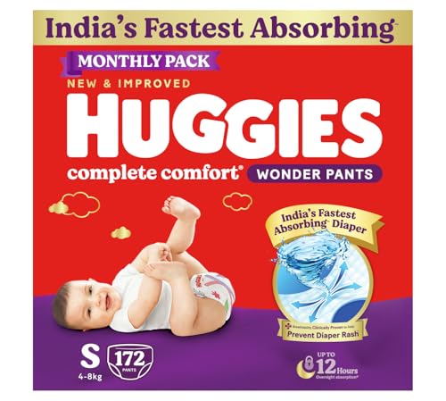 Huggies Complete Comfort Wonder Pants | Pant Style Baby Diapers Small Size, 172 Count | India’S Fastest Absorbing Diaper, Prevents Diaper Rash, Ideal For 4 To 8 Kgs (86 Count, Pack Of 2)