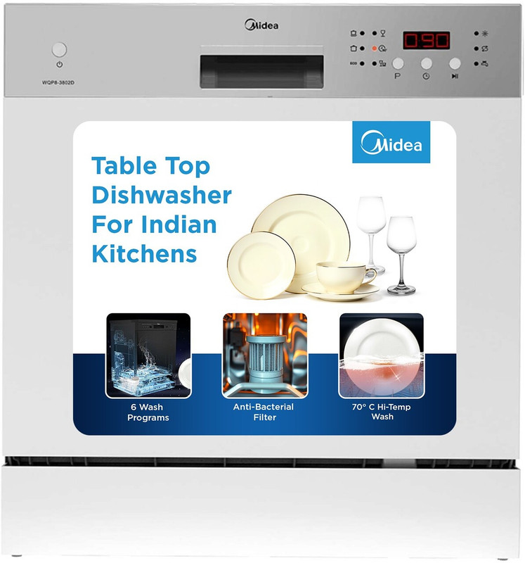 Midea Wqp8-3802D Free Standing 8 Place Settings Intensive Kadhai Cleaning| No Pre-Rinse Required Dishwasher