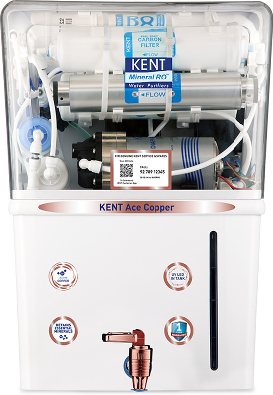 Kent Ace Copper 8 L Ro + Uv + Uf + Copper + Tds Control + Uv Led Water Purifier Auto Flush | 8L | 20Lph | Ideal For Borewell/Tanker/Municipal Water(White)