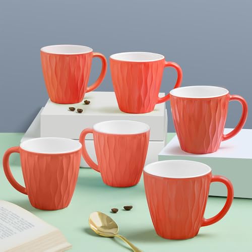 Larah By Borosil 6Pc Opalware Curl Sunset Orange Tea/Coffee Mug Set (200 Ml Each) | Microwave & Dishwasher Safe, Bone-Ash Free | Crockery Set Ideal For Daily Use & Gifting