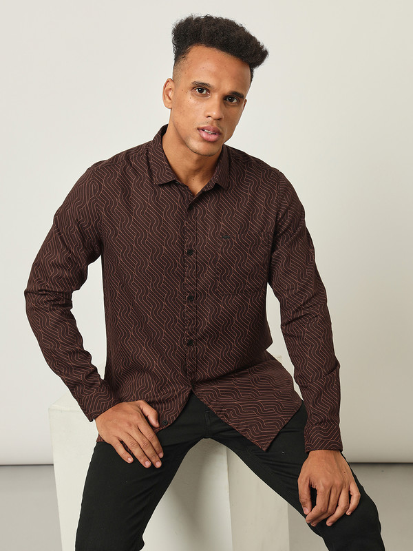 Lee Men Printed Casual Brown Shirt