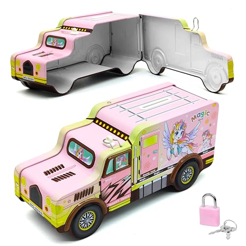Vgrassp Unicorn Theme Metal Bus Piggy Bank Toy For Kids – Cute Money Safe With Lock And 2 Keys – Gullak Coin Box Gift For Boys And Girls – Color As Per Stock