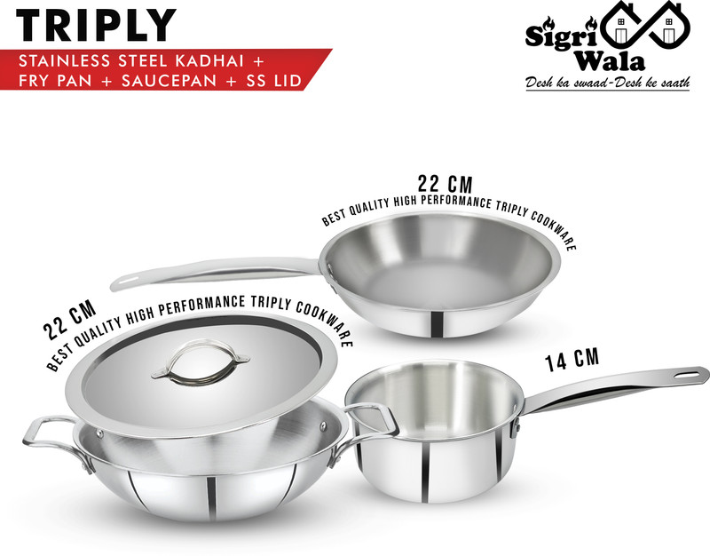 Sigri-Wala Cook Healthy Triply 4Pcs Combo Kadai 22Cm,Fry Pan 22Cm,Sauce Pan 14Cm,Lid 22Cm Induction Bottom Cookware Set(Triply, 4 – Piece)