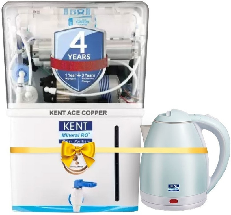 Kent Ace Copper 8 L Ro + Uv + Uf + Tds Control + Uv In Tank + Copper Water Purifier With Free Kettle Water Purifier Suitable For All – Borewell, Tanker, Municipality Waterï¿½(White & Aqua)