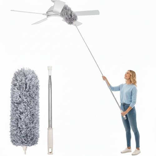 Microfiber Feather Duster Bendable 100 Inches Extendable Washable Duster Ceiling Fan With Telescopic Pole, Microfiber Cleaning Head, Grey (Standard)