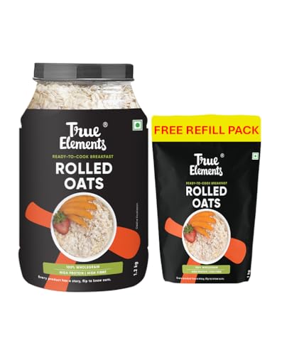 True Elements Rolled Oats With Free Refill Pack 2.2 Kg (1.2 Kg + 1 Kg) | 100% Wholegrain | High Protein | High Fibre | Ready To Cook Breakfast | Gluten Free | Oats For Weight Management