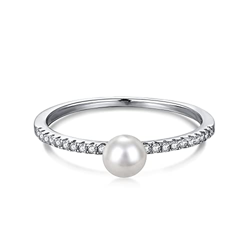 Miss Jo 92.5 Sterling Silver Freshwater Pearl Ring, Everyday Wear Ring With Pave Band, Pearl Edit Collection, Gift For Women, Bis Hallmarked, Size-7