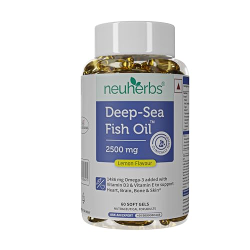 Neuherbs Deep Sea Omega 3 Fish Oil – Omega 3 Supplement Triple Strength 2500 Mg (Essential Fatty Acid Combination Of 1486 Mg 892 Mg Epa 594 Mg Dha/Serving), Lemon Flavour- 60 Softgel For Men & Women
