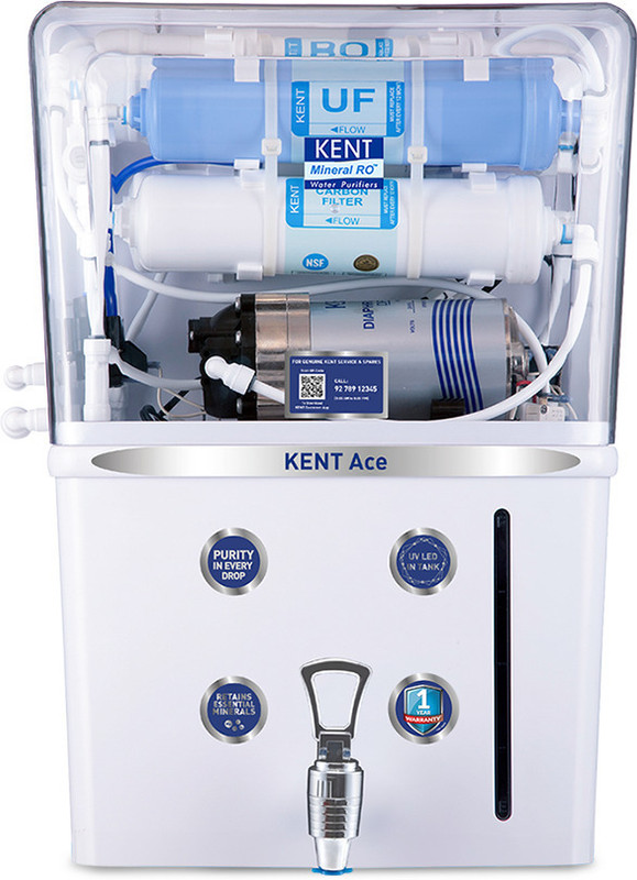 Kent Ace 8 L Ro + Uf + Tds Control + Uv Led Water Purifier Suitable For All – Borewell, Tanker, Municipality Water(White)
