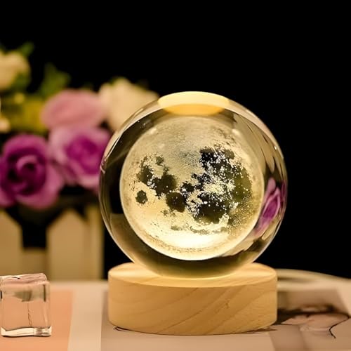 Candy Kart 3D Moon Crystal Ball Planet Crystal Ball Night Light With Warm White Led Wooden Base – Decorative Led Lamp For Home, Office, Bedroom, And Gift Giving