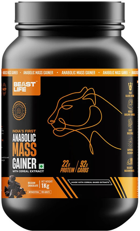 Beastlife High Protein Gainer – No Maltodextrin Weight Gainers/Mass Gainers(1 Kg, Belgian Chocolate)