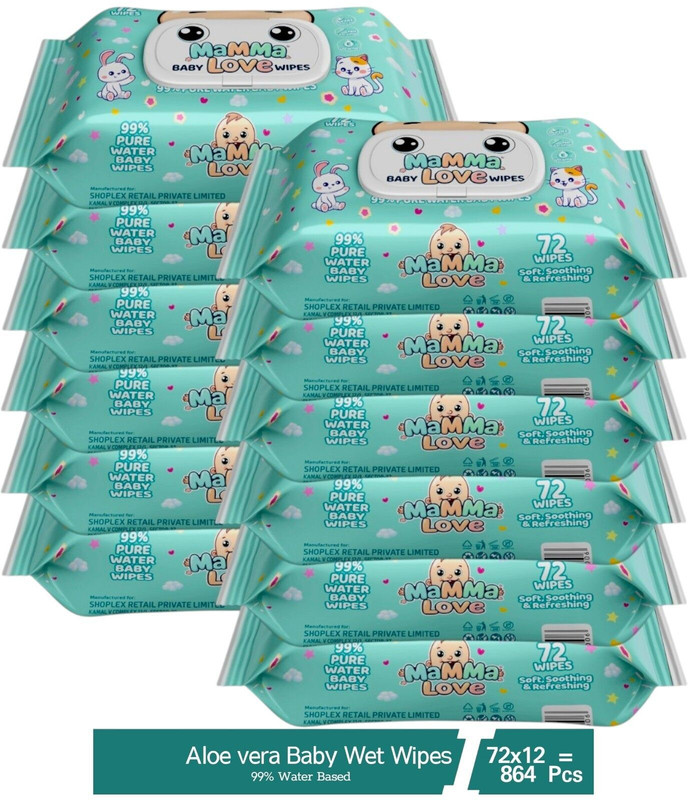 Mamma Love 99% Pure Water Baby Wet Wipes With Lid | Pack Of 12 | 72 Pcs/Pack |..(864 Wipes)