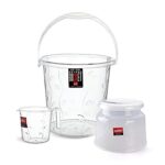 Cello Petal Bathroom Accessory Combo Set Of 3, Transparent (20L Bucket, 1.5L Mug & 23Cm Tall Stool) | Durable, Stylish & Modern Design | Plastic Bath Combo Set For Modular Bathroom