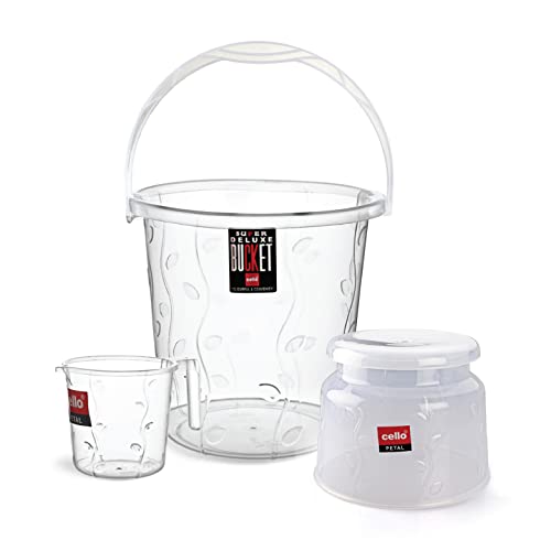 Cello Petal Bathroom Accessory Combo Set Of 3, Transparent (20L Bucket, 1.5L Mug & 23Cm Tall Stool) | Durable, Stylish & Modern Design | Plastic Bath Combo Set For Modular Bathroom