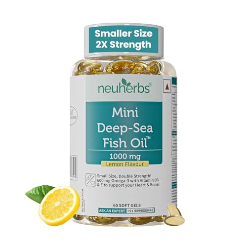 Neuherbs Mini Deep Sea Omega 3 Fish Oil Capsules 1000Mg Supplement | Epa – 360Mg, Dha – 240Mg | With Vitamin E & D3 | Suppots Heart, Brain, Muscle & Joint Health| Lemon Flavour – 60 Softgels
