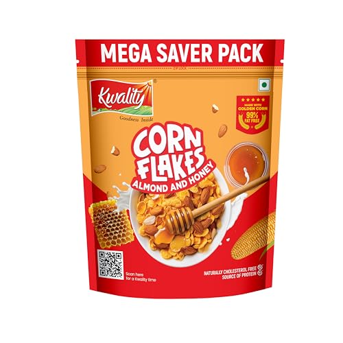 Kwality Corn Flakes With Almond & Honey 1Kg | Made With Golden Corns | 99% Fat-Free | High In Protein, Zero Cholesterol | Healthy Breakfast Cereal