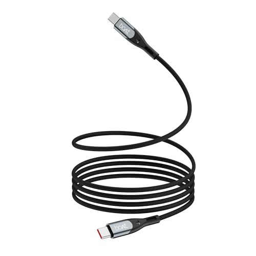 Boat Type C To C 65W Cable With Pd, Pps, And Qc Fast Charging, 480 Mbps Data Sync, 3.9 Feet (1.2M) Length, 10000+ Bends Lifespan & Durable Aluminium Alloy Shell, Nylon Braided Skin (Carbon Black)