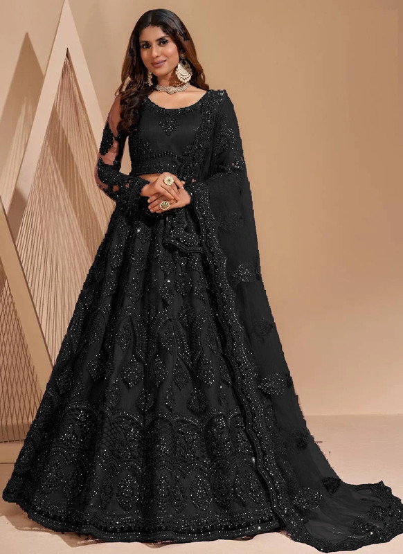 Udbhav Export Embroidered Semi Stitched Lehenga Choli(Black)