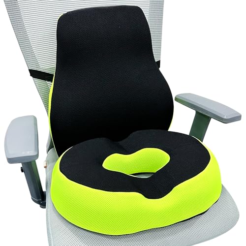 Sleepsia Cool Gel Memory Foam Donut Pillow & Lumbar Support Pillow For Tailbone Pain, Hemorrhoids, Lower Back Pain Relief (Black/Green, Combo)