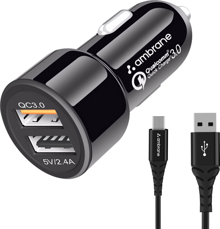 Ambrane 27 W Qualcomm Certified Turbo Car Charger(Black, With Usb Cable)