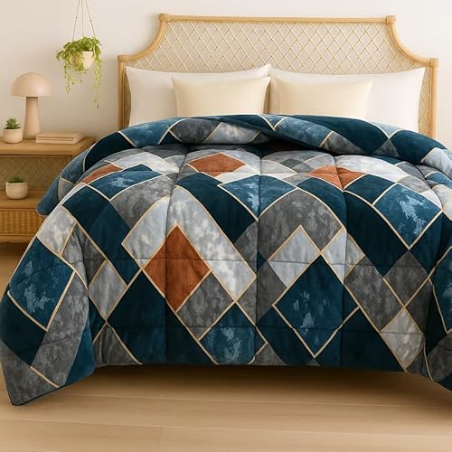 Bsb Home 3 Layered Heavy Winter Quilt | Rajai – 600 Gsm Thick & Fluffy Comforter, Ultra Warm Double Bed Blanket For Extreme Cold Weather Weight 3 Kg, Pattren – Quilted Cheks, Colour – Teal & Grey