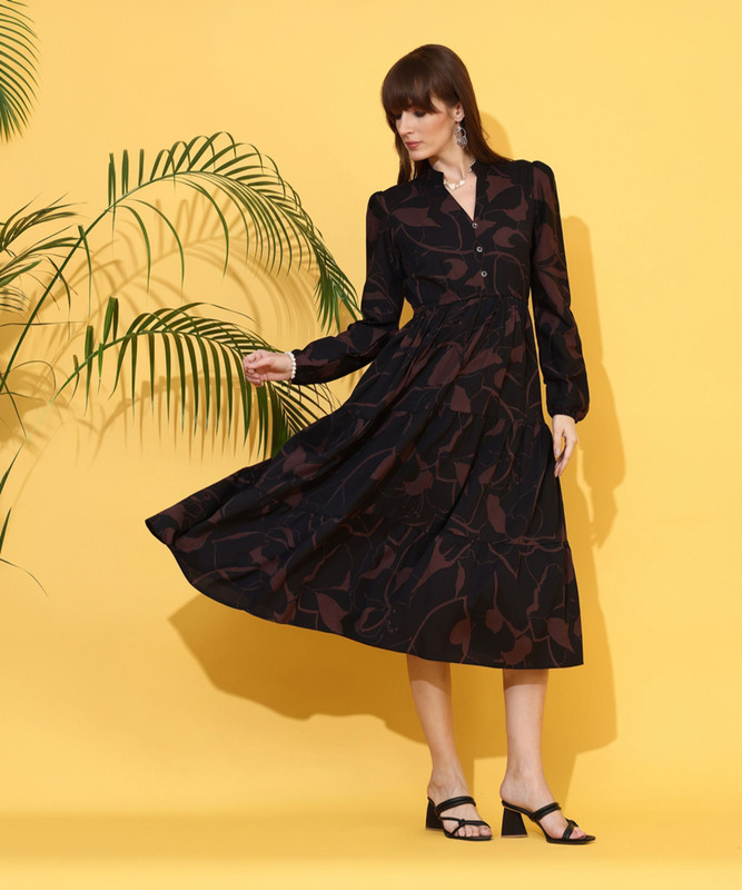 Sheetal Associates Women Fit And Flare Brown, Black Below Knee Dress