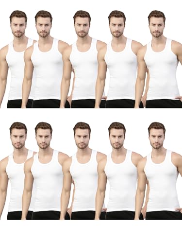 Dixcy Scott Originals Men’S Solid 100% Combed Cotton Itch -Free & Comfortable U-Neck Sleeveless White Under Shirt Basic Fit Vest Innerwear – White (Pack Of 10)