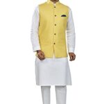 Baaamboos 100% Cotton Solid Pattern Trendy Comfortable Stylish Full Sleeve Kurta Pajama Set With Latest Jacket Nehru Style Koti For Men’S Ethnic Wear (M,Yellow)