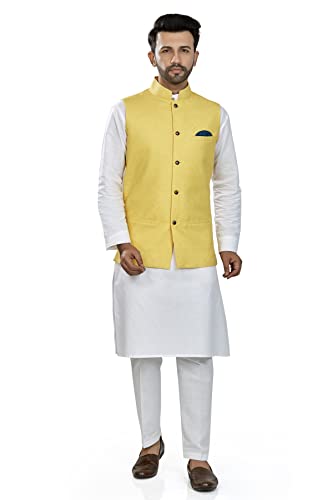 Baaamboos 100% Cotton Solid Pattern Trendy Comfortable Stylish Full Sleeve Kurta Pajama Set With Latest Jacket Nehru Style Koti For Men’S Ethnic Wear (M,Yellow)