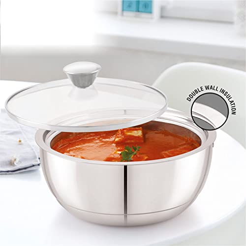 Anjali Epsb90 Stainless Steel Elite Pro Double Walled Insulated Serving Bowl With Glass Lid 900 Ml