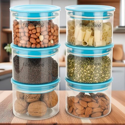 Floraware Plastic Air Tight Bpa Free Round Push Multipurpose Matte Lid Containers Set For Kitchen Storage Organizer For Grains, Spices, Snacks Storage 500Ml Pack Of 6 (Blue)