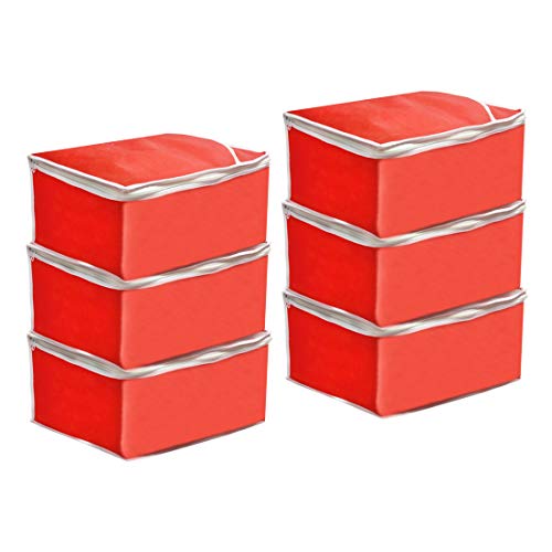 Prettykrafts Saree Cover Big Size/Wardrobe Organiser/Clothes Storage Bag | Storage Organizer Bag | Zip Closure And Transparent Front | Clothes Storage Bag | Set Of 6, Red | Size: 40 X 35 X 20 Cm