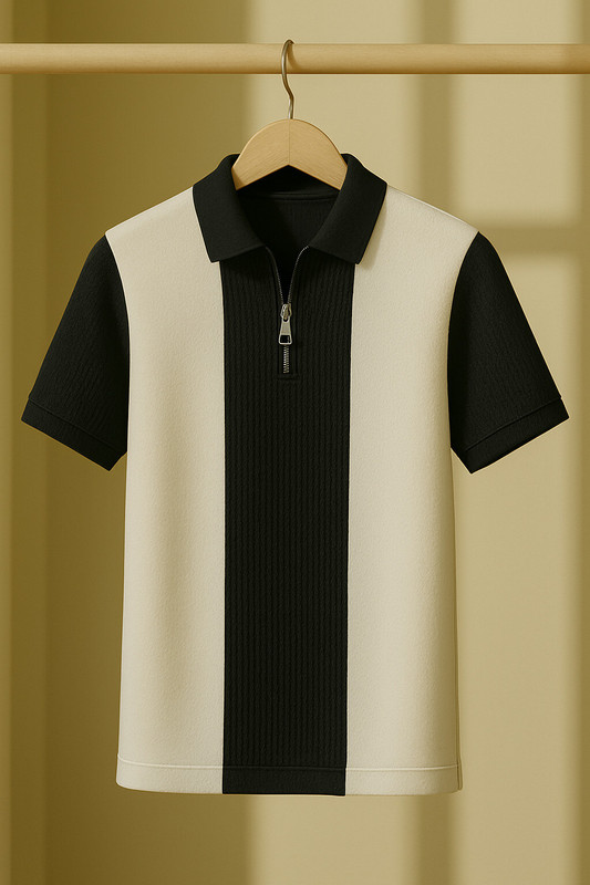 Try This Checkered Men Zip Neck White, Black T-Shirt