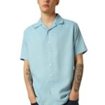 Dennis Lingo Men’S Blue Half Sleeves Cuban Collar Solid Textured Relaxed Fit Casual Shirt