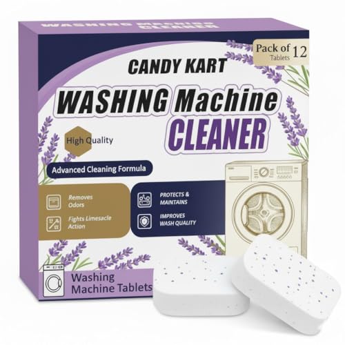 Candy Kart 12 Pcs Lavender Scented Washing Machine Deep Cleaner Descaler Tablets For All Front And Top Load Machines, With Descaling And Stain-Removing Power